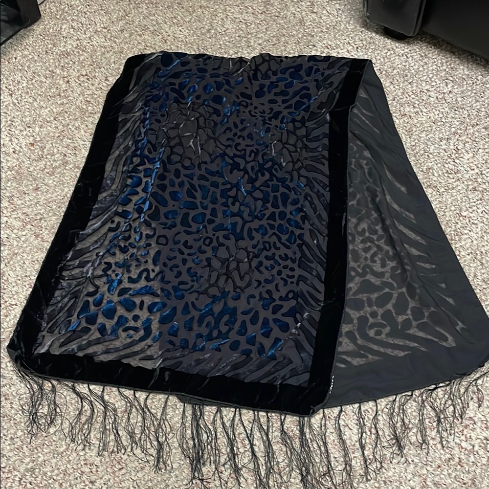 Silk sheer with velvet Black and Blue Animal Print fringed Scarf